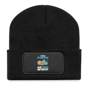 Ich bin positiv auf müde getestet – Katze - Recycelte Patch Beanie - Schwarz - Vorne