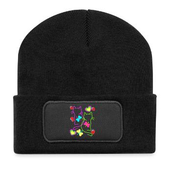 Retro Katzen Erdbeer Sommer 80er Katze Vintage - Recycelte Patch Beanie - Schwarz - Vorne