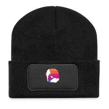Cornhole Spieler Sonnenuntergang Silhouette - Recycelte Patch Beanie - Schwarz - Vorne