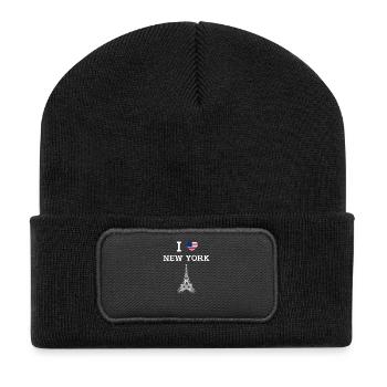 Amerikanisches Herz Flagge Eiffelturm New York Humor - Recycelte Patch Beanie - Schwarz - Vorne