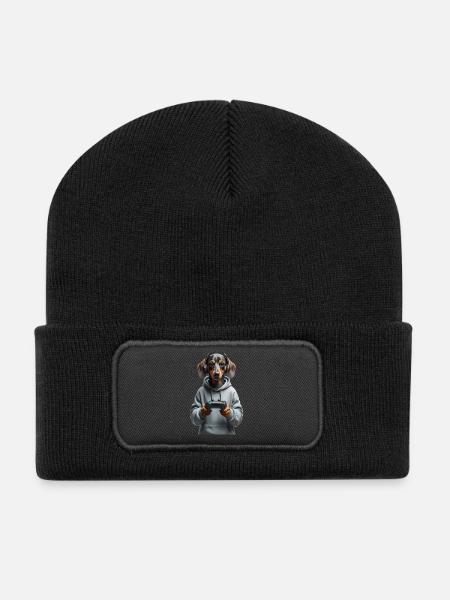 Gamer Dackel - Zockerhund mit Hoodie - Recycelte Patch Beanie - Schwarz