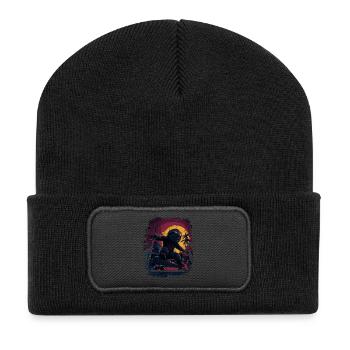 Cooles Skate-Faultier im Retro Sonnenuntergang - Recycelte Patch Beanie - Schwarz - Vorne