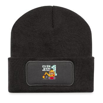 Je suis maintenant 1 Bagger Bear 1er anniversaire - Beanie recyclé à patch - charbon - Devant