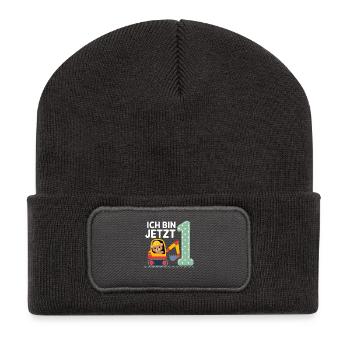 Je suis maintenant 1 Bagger Bear 1er anniversaire - Beanie recyclé à patch - charbon - Devant