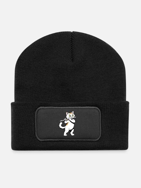 Katze spielt Flöte - Recycelte Patch Beanie - Schwarz