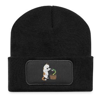 Cat plays flute and hynotizes snake - Recycled Patch Beanie - black - Front
