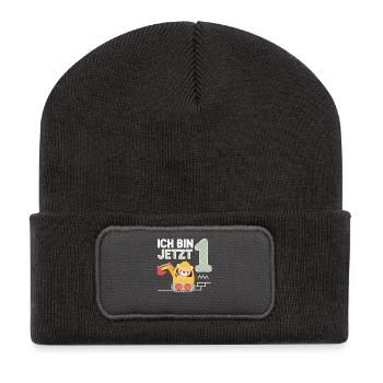 Je suis maintenant 1 Bagger Bear 1er anniversaire - Beanie recyclé à patch - charbon - Devant