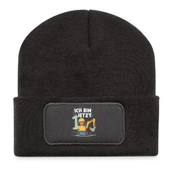 Je suis maintenant 1 Bagger Bear 1er anniversaire - Beanie recyclé à patch - charbon - Devant