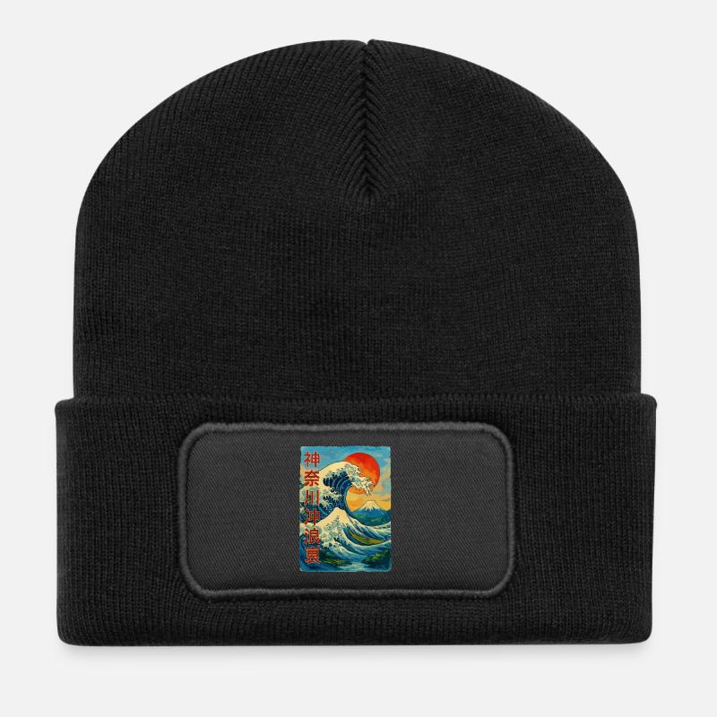 The Great Wave in front of Kanagawa Comic Style - Recycled Patch Beanie - black