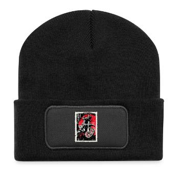 Pilote de motocross devant un timbre-poste soleil rouge - Beanie recyclé à patch - noir - Devant