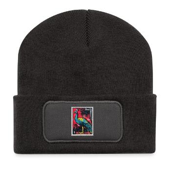 Pfau auf Briefmarke – elegant & bunt - Recycelte Patch Beanie - Dunkelgrau - Vorne