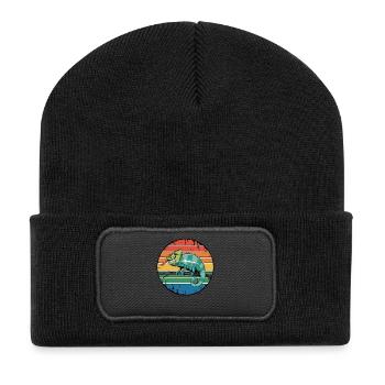 Coucher de soleil rétro caméléon propriétaire pour les amateurs de reptiles - Beanie recyclé à patch - noir - Devant