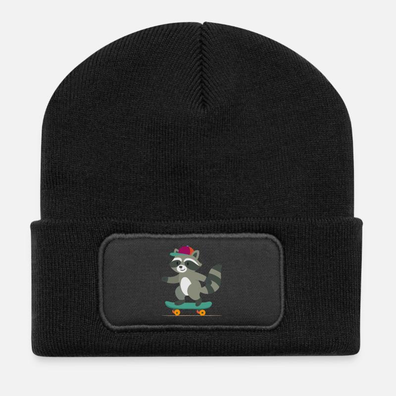 Skateboard raccoon with baseball cap - Recycled Patch Beanie - black
