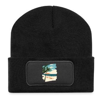 Strand Palmen Sonne Sommer - Recycelte Patch Beanie - Schwarz - Vorne