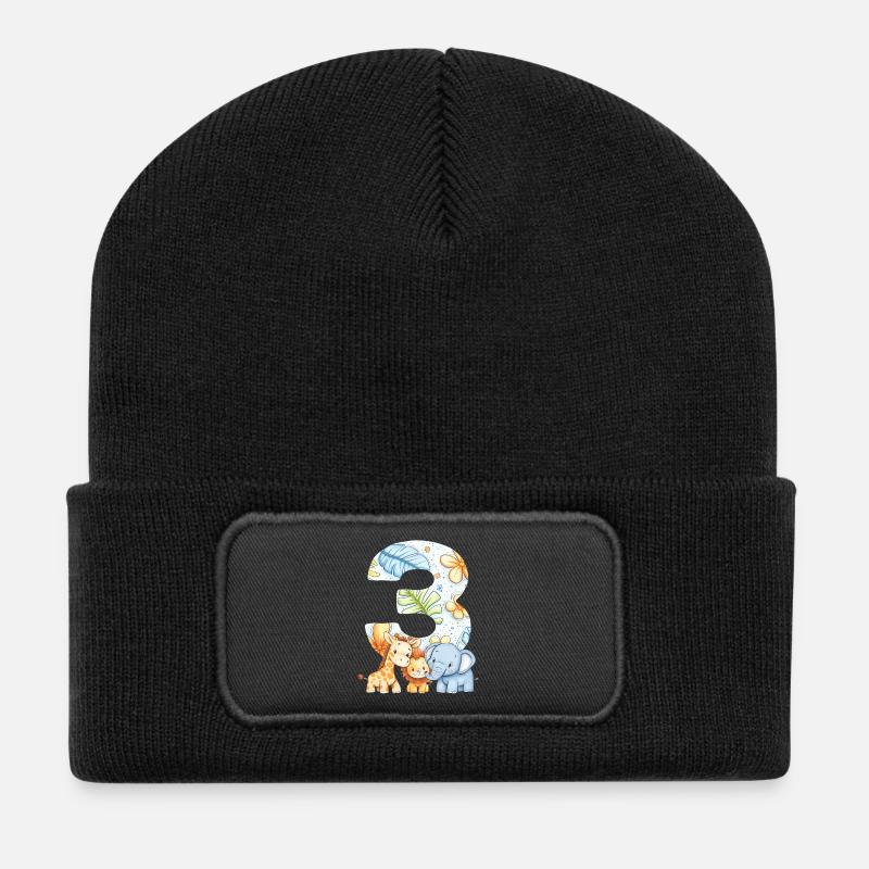 Jungle Animals Kids Cadeau d’anniversaire de 3 ans - Beanie recyclé à patch - noir
