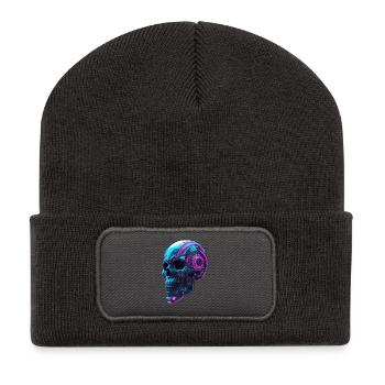 Cyberpunk Skull – Neon Techno Head - Recycelte Patch Beanie - Dunkelgrau - Vorne