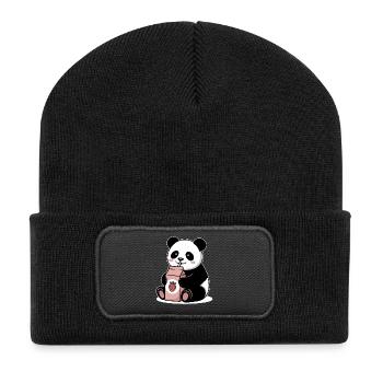 Niedlicher Panda Trinkt Erdbeermilch Japanisch Lustig - Recycelte Patch Beanie - Schwarz - Vorne