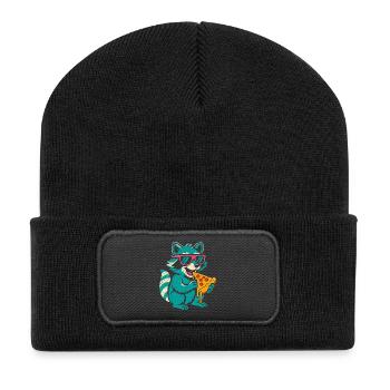 Waschbär mit Sonnenbrille isst Pizza - Recycelte Patch Beanie - Schwarz - Vorne