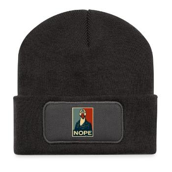 Oie avec veste en cuir dit non - Beanie recyclé à patch - charbon - Devant