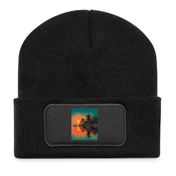 Serene Japanese Sunset Over Water - Recycled Patch Beanie - black - Front