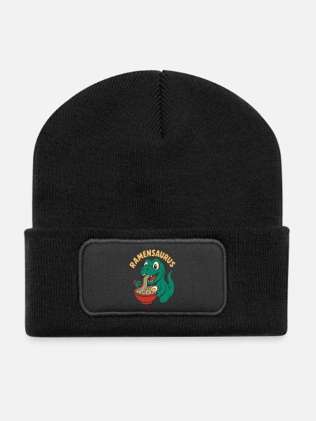 Lustiger Dinosaurier der Ramen Nudeln isst - Recycelte Patch Beanie - Schwarz