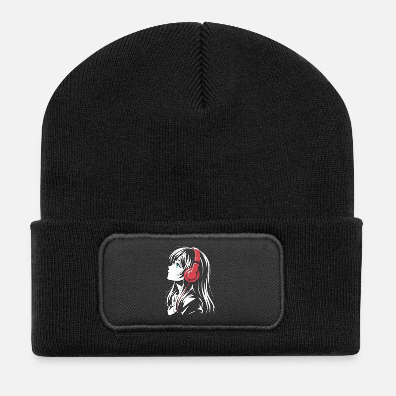 Anime Girl mit Kopfhörer Design - Recycelte Patch Beanie - Schwarz