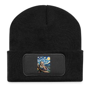 Faultier im Van Gogh Stil – Kunst trifft Chill - Recycelte Patch Beanie - Schwarz - Vorne