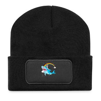 Cute Boston Terrier Riding Shark Under Rainbow - Recycled Patch Beanie - black - Front