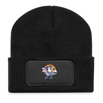 Dinosaurier Einhorn Golden Doodle Regenbögen Design - Recycelte Patch Beanie - Schwarz - Vorne