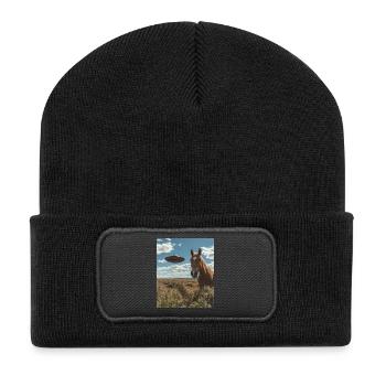 Selfie de cheval avec OVNI - Beanie recyclé à patch - noir - Devant