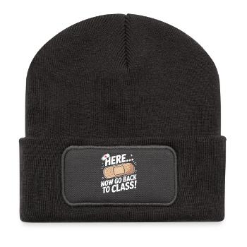 Humorvolles Schulmützen Motiv für den Schulanfang - Recycelte Patch Beanie - Dunkelgrau - Vorne
