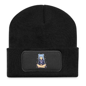Kawaii Blauhaariges Mädchen Illustration - Recycelte Patch Beanie - Schwarz - Vorne