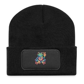  Frosch Tie-Dye Hippie Peace Zeichen - Recycelte Patch Beanie - Schwarz - Vorne
