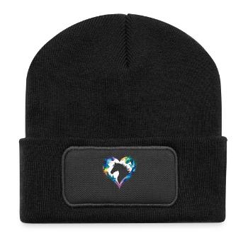 Kreatives Herz mit Pferdekopf Silhouette - Recycelte Patch Beanie - Schwarz - Vorne