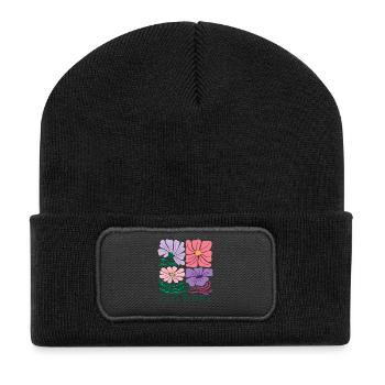 Florales Muster mit Pastell Blumen Flowers - Recycelte Patch Beanie - Schwarz - Vorne
