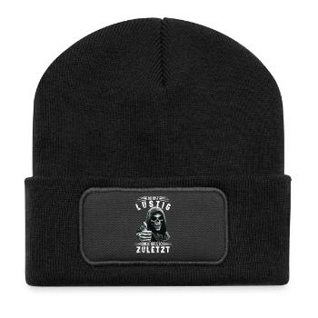 Motif de dicton « Crâne Faucheuse Tu es drôle » - Beanie recyclé à patch - noir - Devant