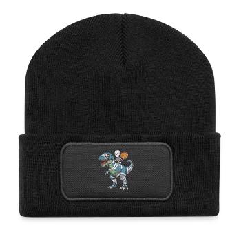 Halloween T-Rex mit Skellet und Kürbis - Recycelte Patch Beanie - Schwarz - Vorne