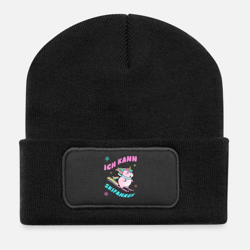 Einhorn Skifahren - Winterdesign - Recycelte Patch Beanie - Schwarz