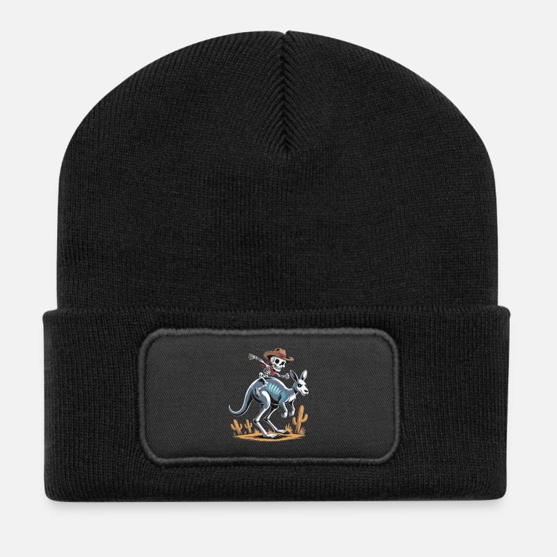 Cowboy Skelett-Reiter auf Känguru - Recycelte Patch Beanie - Schwarz