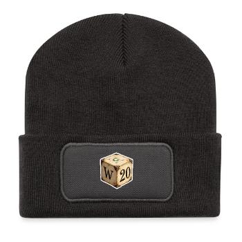 Antiker W6 Würfel mit W20 – Fantasy Cartoon - Recycelte Patch Beanie - Dunkelgrau - Vorne