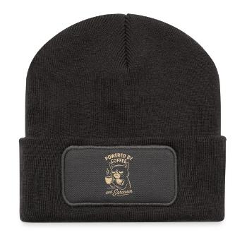 Powered By Coffee And Sarcasm Cat Design - Recycled Patch Beanie - dark grey - Front