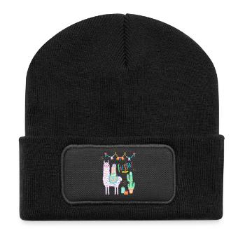 Lama Fiesta süßes rosa Llama mit Herzbrille - Recycelte Patch Beanie - Schwarz - Vorne