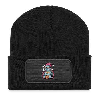 Tortue punk d’Halloween avec panier de citrouille - Beanie recyclé à patch - noir - Devant