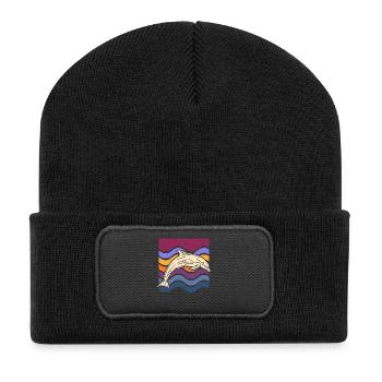 Delfin auf farbigen Wellen - Recycelte Patch Beanie - Schwarz - Vorne
