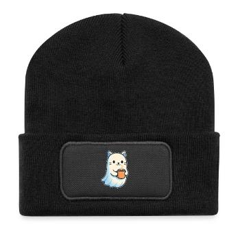 Kaffeegeist Katze mit Becher - Recycelte Patch Beanie - Schwarz - Vorne