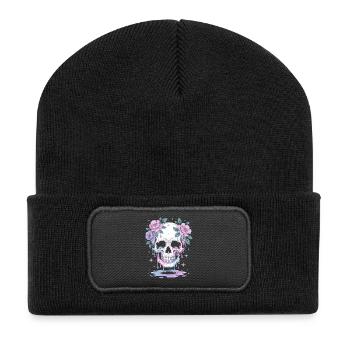 Kawaii Pastel Goth Totenschädel Blumen - Recycelte Patch Beanie - Schwarz - Vorne