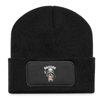 RACCOOK Waschbär Koch Cartoon Küche Humor - Recycelte Patch Beanie - Schwarz - Vorne