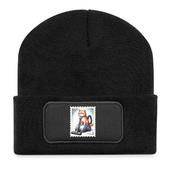 Fun Cat auf Staubsauger - Recycelte Patch Beanie - Schwarz - Vorne