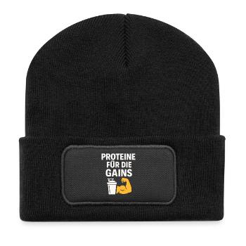 Proteine Für Die Gains - Recycelte Patch Beanie - Schwarz - Vorne