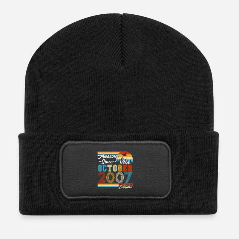 Vintage October 2007 Vintage Retro Birthday - Recycled Patch Beanie - black